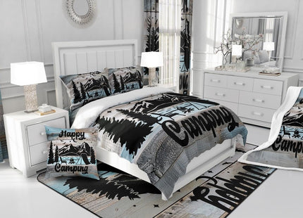 Rustic Farmhouse Style Comforter Cover Camping Themed Bedding Set for Boys Kids Teens Lodge Cabin Duvet Cover King Happy Glamping Trailer Camper Decor,Camfire Tent Retro Old Barn Door Room Decor