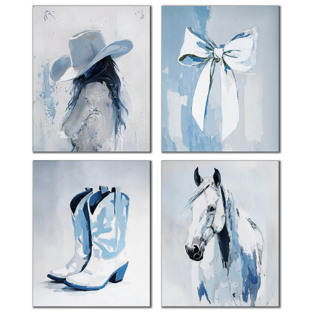 DOFQZ Western Coastal Cowgirl Wall Art Prints Set of 4, Coastal Cowgirl Home Room Decor, Neutral Country Western Coquette Bow Horse Posters for Girls Bedroom Dorm Decor, 8x10 Unframed(Blue)