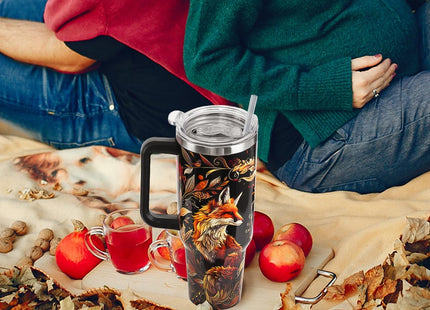 Nqhsionv Fox Tumbler with Handle and Straw 40 oz Fall Foxes Mandala Cup Coffee Travel Mug Stainless Steel Insulated Water Bottle Fox Stuff Lovers Fall Autumn Decor Gifts for Women