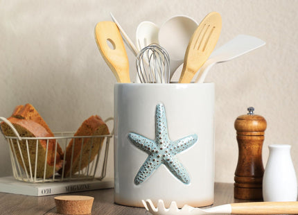 Bicuzat Ceramic Starfish Embossed Utensil Holder, Large Cooking Utensil Crocks for Countertop, Ocean Style Utensil Organizer for Spatula