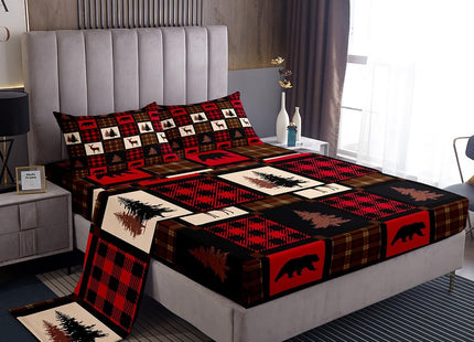 Erosebridal Rustic Deer Bed Sheets for Kids Teens Adult,Deer Patchwork Sheet Set Twin,Retro Burgurdy Buffalo Plaid Check Bedding Set,Hungting Animal Wildlife Fitted Sheet + Flat Sheet + 1 Pillowcase