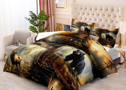 LUVIVIHOME 3PCS Black Bear Deer Comforter Set Queen Size, Elk Moose Mallard Duck Woodland Forest Animal Wildlife Hunting Camo Hunter Country Lodge Rustic Farmhouse Cabin Bedding Sets, 2 Pillow Shams