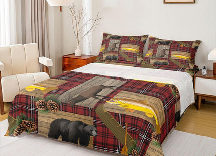 Bear Deer Moose Sheet Set Full Black Red Buffalo Plaid Fishing And Hunting Bed Sheets Wild Animal Lake House Bedding Set Rustic Farmhosue Fitted Sheet Country Cabin Lodge Flat Sheet + 2 Pillow Cases