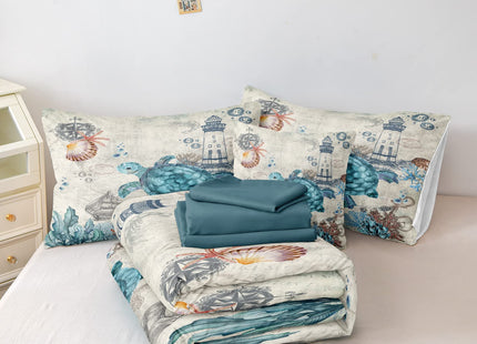 Bedding_Dreamer Turtle Comforter Set Ocean Turtle Bed in a Bag 8 Pieces Coastal Beach Themed Bedding with 1 Comforter, 1 Flat Sheet, 1 Fitted Sheet, 4 Pillowcases, 1 Cushion Cover (King, Turtle)
