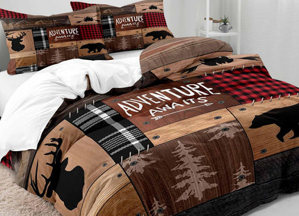 LUVIVIHOME 3PCS Cabin Rustic Bedding, Duvet Cover Full, Black Bear Deer Forest Animal Wildlife Hunting Lodge Quilt Brown Patchwork Red Plaid Comforter Cover, Country Farmhouse Bedding, 2 Pillowcases