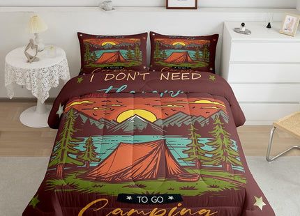 Erosebridal Rustic Camper Comforter Set Twin for Kids Adults,Camping Tent Bedding Set Retro Adventure Room Decor,Mountain River Pine Tree Comforter Set Nature Scene Quilt Bed Set with 1 Pillow Case