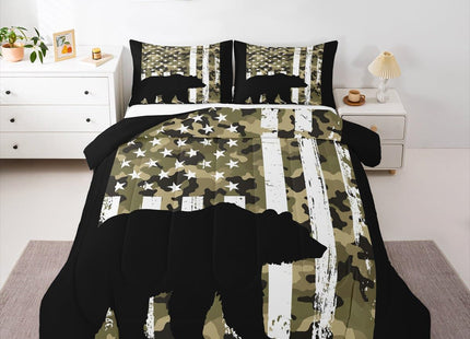Erosebridal Black Bear Bedding Set Full Green Camouflage Comforter Set, US Flag Duvet Insert Army Military Camo Quilt Sets, Woodland Animal Bedding Comforters & Sets Farmhouse Lodge Cabin Decor 3pcs
