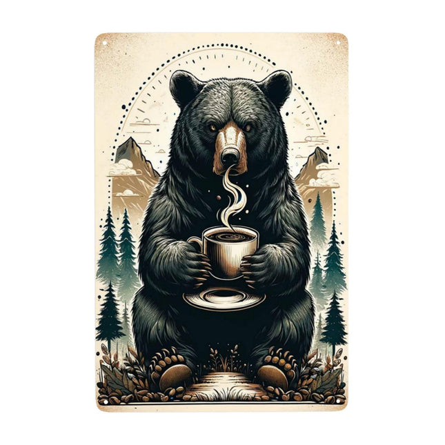 Morning Brew in the Wild Metal Wall Art Rustic Bear & Coffee Cup Tin Sign Cozy Cabin Decor for Kitchen & Living Room Vintage Metal Antique Tinplate Unique Gift for Wilderness Enthusiasts 12x8inch