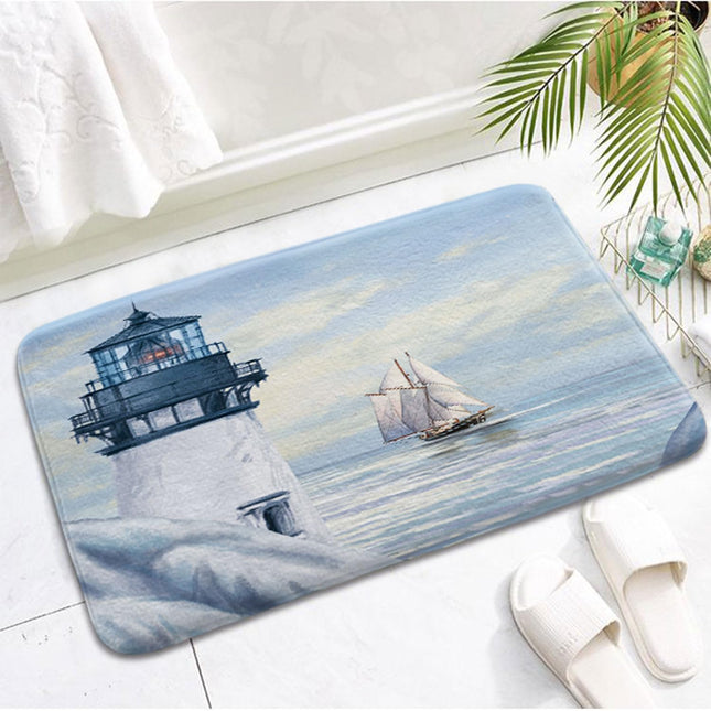 Nautical Lighthouse Bath Rugs, Blue Ocean Theme Sunrise and Sailboat Shower Rugs, Flannel Non Slip Ocean Coastal Bath Carpet Bathroom Room Decor 19X31IN