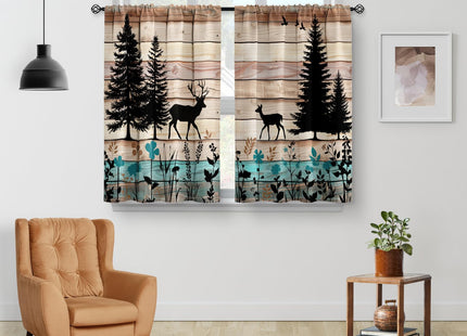 Aimego Forest Deer Kitchen Curtains - Wood Retro Teal Cafe Country Rustic Small Short Tier Window Curtains for Bathroom Living Room Decor Rod Pocket Window Drapes 36 Inch Length Set 28"x36"