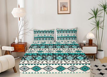 Manfei Aztec Geometric Bed Sheets Twin Size,Southwest Tribal Ethnic Easy Wash Bedding Set,Wolf Rustic Cabin Kids Room Decor,Beige Retro Sheet(Fitted+Flat+1 Pillowcase)