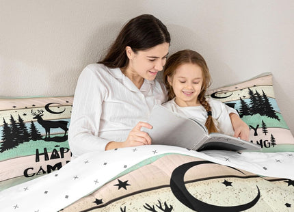 Kids Happy Camping Comforter Set Twin,Cute Deer Camper Bedding Set Rustic Farmhouse Woodland Animal Comforter For Boys Girls Old Barn Door Quilted Duvet Star Moon Pine Tree Decor 2 Pcs Black Green