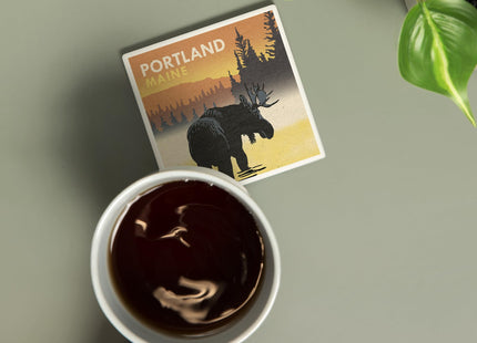 Lantern Press Portland, Maine, Moose at Dawn, Woodblock (Absorbent Ceramic Coaster, Single, Cork Back, Kitchen Table Decor)