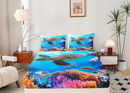 Manfei Sea Turtle Sheet Set Twin,Fish Ocean Animal Bedding for Kids Teens Room Decor,Marine Mediterranean Style Sea Blue Bed Sheet 3pcs with Deep Pocket Fitted Sheet + Flat Sheet + 1 Pillowcase