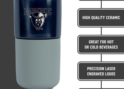Rico Industries NCAA Maine Black Bears 16 oz Ceramic Tumbler with Silicone Grip, Deep Laser Engraved, Navy and Gray Colored Design with Slide Lid, Travel Coffee Mug, Matte Glaze