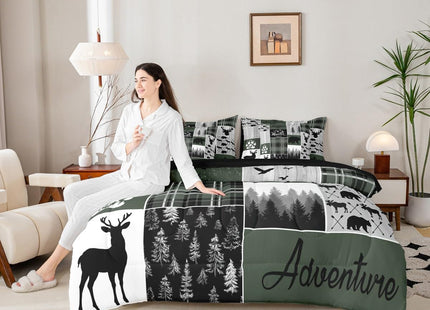 Erosebridal Bear Twin Bedding Set 7 Pieces, 1 Rustic Deer Comforter,1 Lotus Flower Fitted Sheet, 1 Farmhouse Cabin Flat Sheet, 2 Woodland Animal Pillow Cases, 2 Arrows Adventure Throw Pillow Covers