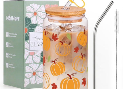 16 oz Fall Pumpkin Glass Cup With Lid & Straws Pumpkin Gifts for Women