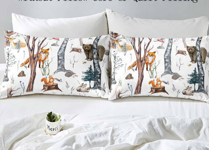 LUVIVIHOME 2PCS Bear Deer Rabbit Squirrel Fox Duvet Cover, Twin Bedding Sets, White Duvet Cover, Toddler Baby Boys Girls Kids Bedding, Woodland Animals Cabin Lodge Quilt Comforter Cover, 1 Pillow Sham