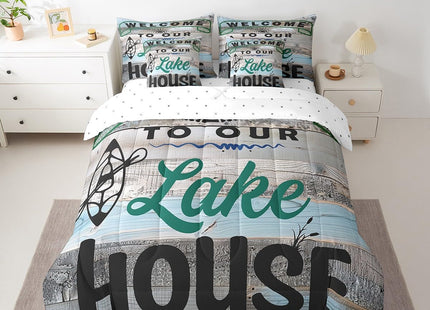 Erosebridal Rustic Boating Bedding Set Queen 7 Piece,Lake House Comforter Set with Sheet Set Farmhouse Lake Life Bed in A Bag for Kids Adults Country Wooden Board Bed Set Cabin Lodge Decor