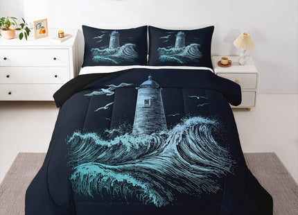 Erosebridal Nautical Comforter Set Twin, Lighthouse Down Comforter for Kids Boys Men, Ocean Wave Quilted Duvet, Surfing Coastal Bedding Comforters, Navy Blue Hand Drawn,Ultra Lightweight