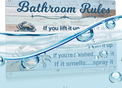 BEASTZHENG Funny Bathroom Rules Metal Tin Sign Wall Art Decor - Rustic Bathroom Quote Crab Sign for Toilet Restroom Decor Gifts