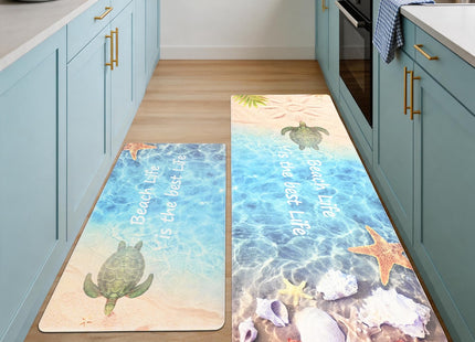 SANFORNIA Beach Theme Kitchen Rugs Nautical Starfish Sea Turtle Anti Fatigue Mats for Kitchen Floor Non-Slip Cushioned Summer Comfort Standing Mat for for Kitchen, Ocean Blue