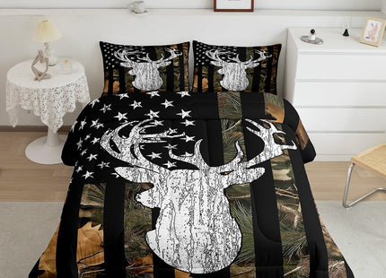Camouflage Deer Comforter Set Twin Woodland Tree Botanical Camo Flag Bedding Set Hunting American Flag Comforter For Kids Boys Teen Men,Nature Conifer Oak Branches Leaf Quilt Duvet Black Brown 2 Pcs