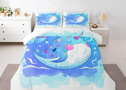 Cute Narwhal Comforter Set Twin for Kids Youth,Ranibow Unicorn Bedding Set Gifts for Girls,Cartoon Ocean Whale Duvet Insert Blue Tie Dye Quilt Nautical Ocean Themed Bedroom Decor,Breathable Cozy