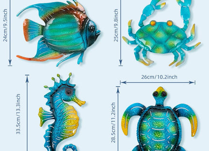dreamskip Metal Beach Wall Decor Art, Ocean Themed Sea Turtle Fish Seahorse Crab Coastal Wall Sculpture, Nautical Outdoor Decor For Garden, Fence, Patio, Pool, Bathroom (4 Pcs)
