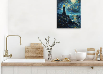 Lighthouse Canvas Wall Art Mermaid Painting Picture Coastal Night Scenery Framed for Bathroom Bedroom Living Room Nautical Ocean Modern Home Office Wall Decor 12"x16"