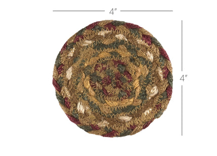 VHC Brands Tea Cabin Jute Coaster Set of 6 Log Cabin Country Rustic Lodge Kitchen Tabletop Design, Moss Green and Deep Red