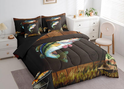 Erosebridal Twin Size Pike Fish Comforter Set with Sheets - 7 Pieces Rustic Bass Fish Bedding Set for Teens Adults Cabin Lodge Hunting Theme Bed in A Bag with Flat Fitted Sheet Wild Animal Bed Sets