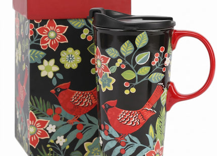 TZSSP 17oz Ceramic Travel Mug with Lid, Cardinal Holly Folk Art Coffee Mug