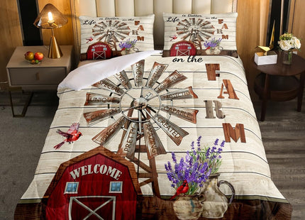 Erosebridal Western Farmhouse Quilt Bedding Sets Full Country Rustic Comforter Set for Cabin Lodge Cardinal Barn Lavender Windmill Duvet Insert Pastoral Rural Comforter 2 Pillow Cases Home Room Decor