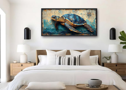 Large Nautical Turtle Wall Art for Living Room, Coastal Ocean Canvas Oversized Wall Decor, Beach Aesthetics Framed Pictures Painting Print Artwork for Bedroom Office 60L x 30W