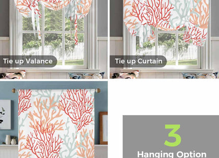 Summer Ocean Coral Tie Up Curtain for Kitchen,Nautical Coastal Adjustable Balloon Curtains,Red Orange Tie-up Shade Valance Rod Pocket Curtain,Sea Life Thermal Insulate Window Treatment 34x45in