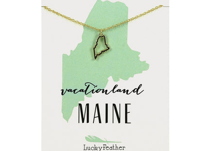 Lucky Feather Maine State Shaped Necklace | 14k Gold-Dipped Pendant Necklace | Easter Basket Stuffer| State Love Fashion Jewelry For Women | Dainty Necklace For Women | Great Gift Idea