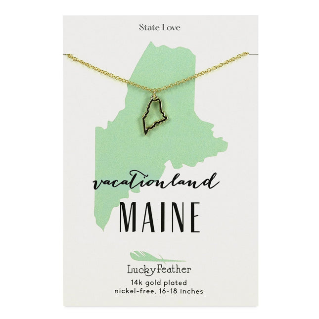 Lucky Feather Maine State Shaped Necklace | 14k Gold-Dipped Pendant Necklace | Easter Basket Stuffer| State Love Fashion Jewelry For Women | Dainty Necklace For Women | Great Gift Idea