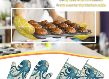 Octopus Nautical Retro Ocean Oven Mitts And Pot Holders Sets, 4pcs Silicone Non-Slip Kitchen Mitts Potholders Heat Resistant Bbq Gloves Hot Pads For Cooking Grilling Baking Microwave Chef Gifts Decor