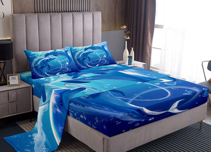 Dolphin Bed Sheets Set Twin, Underwater World Sheet Set for Kids Boys Girls, Cute Marine Life Bedding, Blue Wave Decor Sheets with Pocket, Soft Microfiber Flat Fitted Sheet Ocean Theme Room Decor