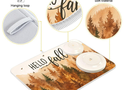 Hello Fall Forest Dish Drying Mat for Kitchen Countertop 18x24 Autumn Pine Tree Large Drying Mat Reusable Quick Dry Dish Sink Mats Easy Clean Decorative Essentials