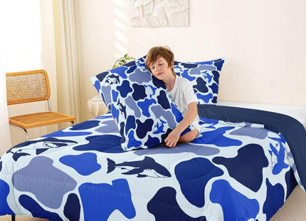 Navy Blue Camo Full Size Comforter Set,Shark Camouflage Bedding Comforters Bedroom Collection,Sea Nautical Marine Animal Duvet Insert,Ocean Adventure Room Decor 3 Pcs Bedding Set for Girls Teens