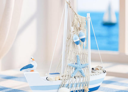 Wooden Sailboat Decor, Mini Sailing Boat Model, Home Decoration Set, Blue