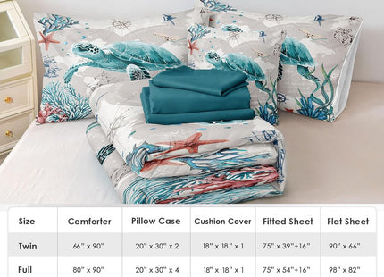 Bedbay Coastal Bedding Comforter Set Ocean King Bed Set Sea Turtle Comforter 8 Pcs Soft Lightweight King Size Bed in Bag Set Ocean Themed Quilt Down Alternative Duvet Set