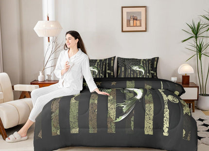 Erosebridal Bass Fish Comforter Set with Sheets (7 Pieces,Twin Size) - Army Green American Flag Bedding Set for Kids Boys Teens Men Hunting Fishing Bed in A Bag Big Pike Fish Bedding Collections