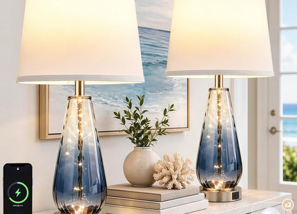 27'' Blue Table Lamps Set of 2, Large Glass Lamps, Modern Coastal Lamps