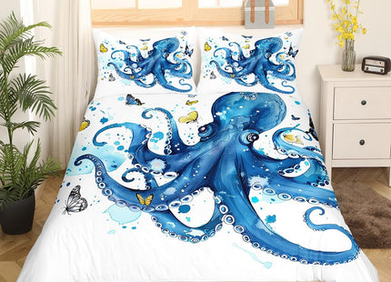 Octopus Bedding King Teal Blue Octopus Tentacles Duvet Cover Set Sealife Ocean Sea Animal Comforter Cover for Kids Teens Boys Dorm Room Decoration 3 Pcs Butterfly on White Bedspreads Girls Child