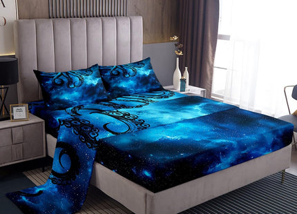 Octopus Sheet Set Twin Size Sealife Dark Blue Starry Sky Bed Sheet Set 3pcs with Deep Pocket Fitted Sheet + Flat Sheet + 1 Pillowcase Ocean Animal Abstract Soft Bedding Set for Kids Teens Room Decor