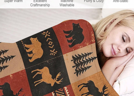 Bear Rustic Cabin Moose Blanket Soft Flannel Farmhouse Throw Blanket Gifts for Adults Cozy Blanket for Red Black Check Farmhouse Art All Season Couch Bed Sofa Home Decor, 60"x80"