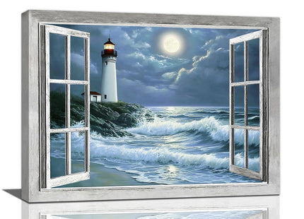 Lighthouse Nautical Wall Art Coastal Beach Pictures Wall Decor Ocean Canvas Prints Window Decorations Painting Framed Artwork Office Home Decor For Bathroom Bedroom Dining Living Room 16"x12"